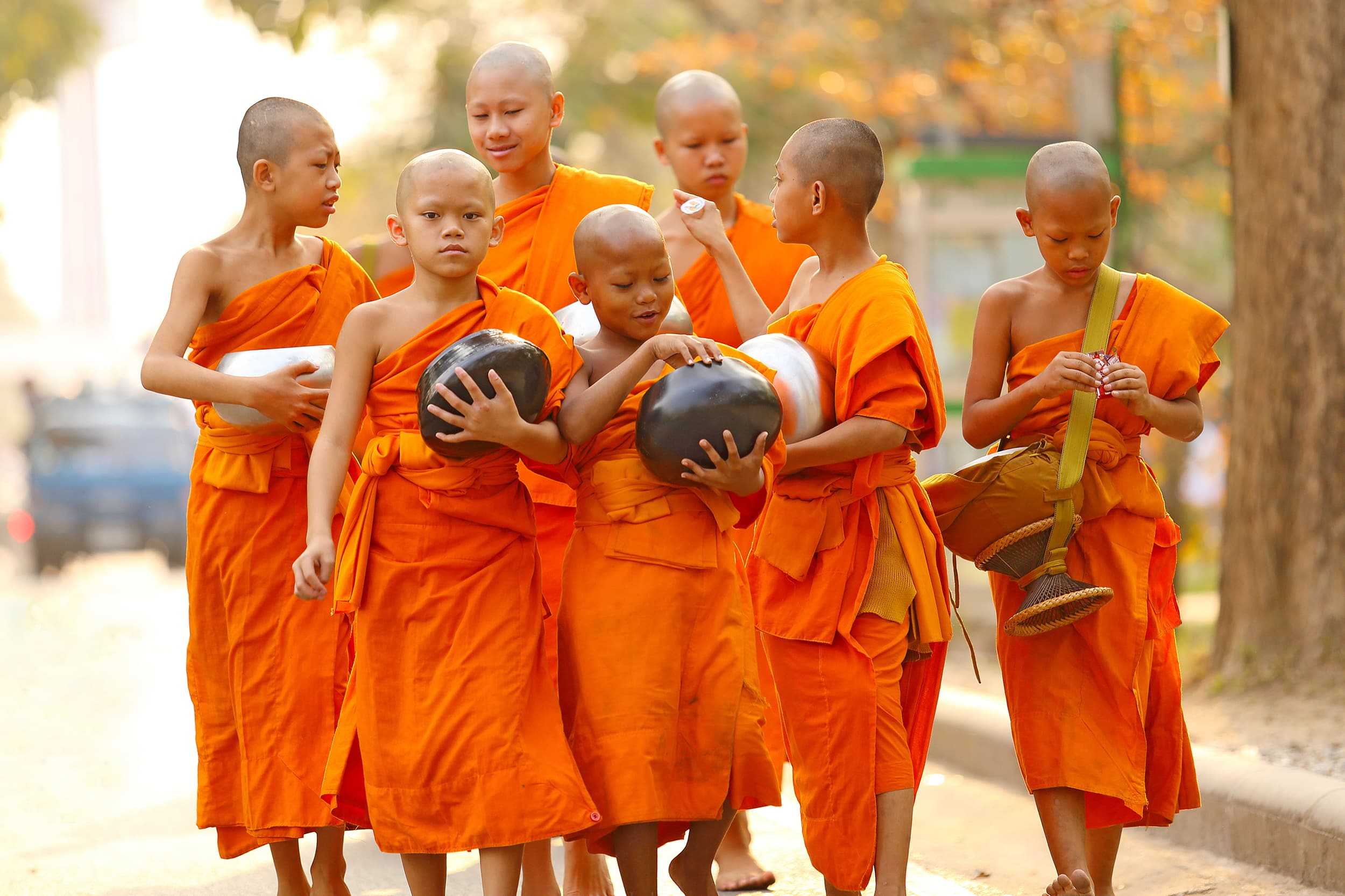 A group of young monks in orange robes