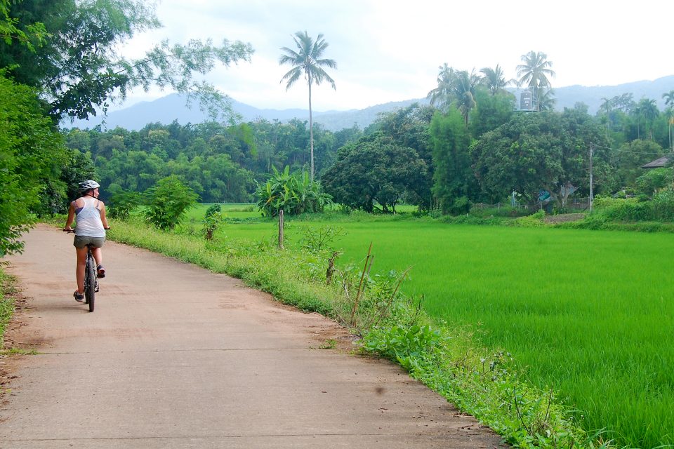 A woman cycling on a country road