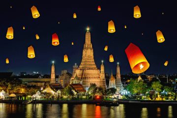 Multiple lanterns floating in the sky around a temple