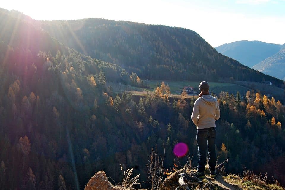 A man looking out at forest covered mountains