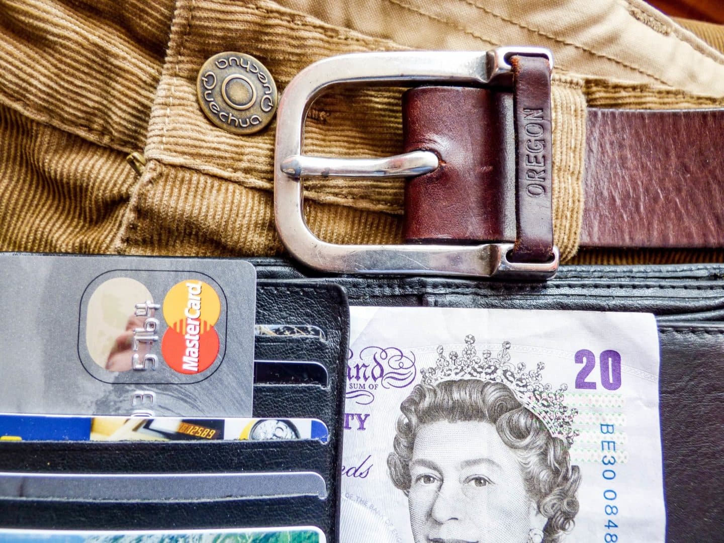 Belt and wallet with credit cards and cash