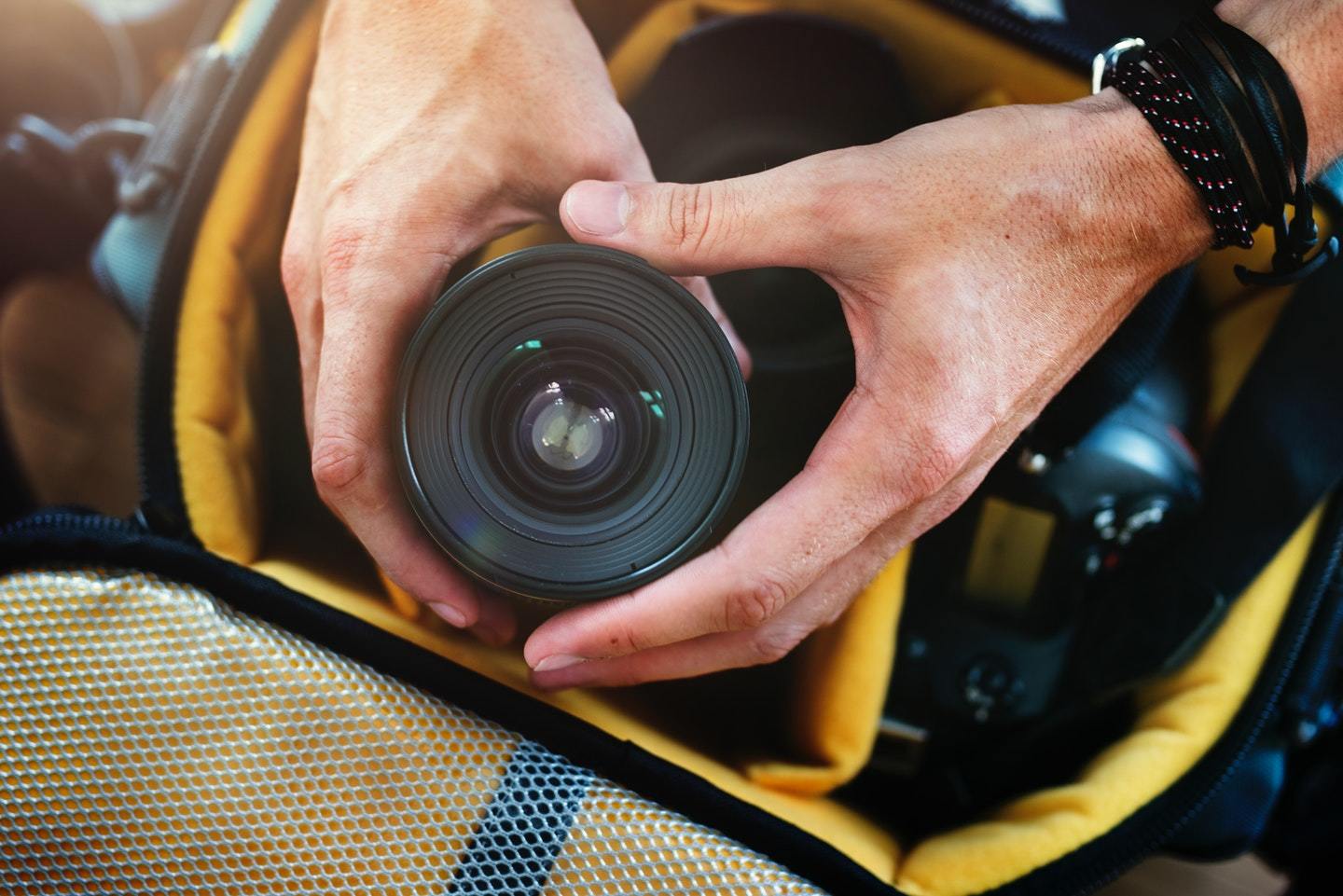camera equipment in bag