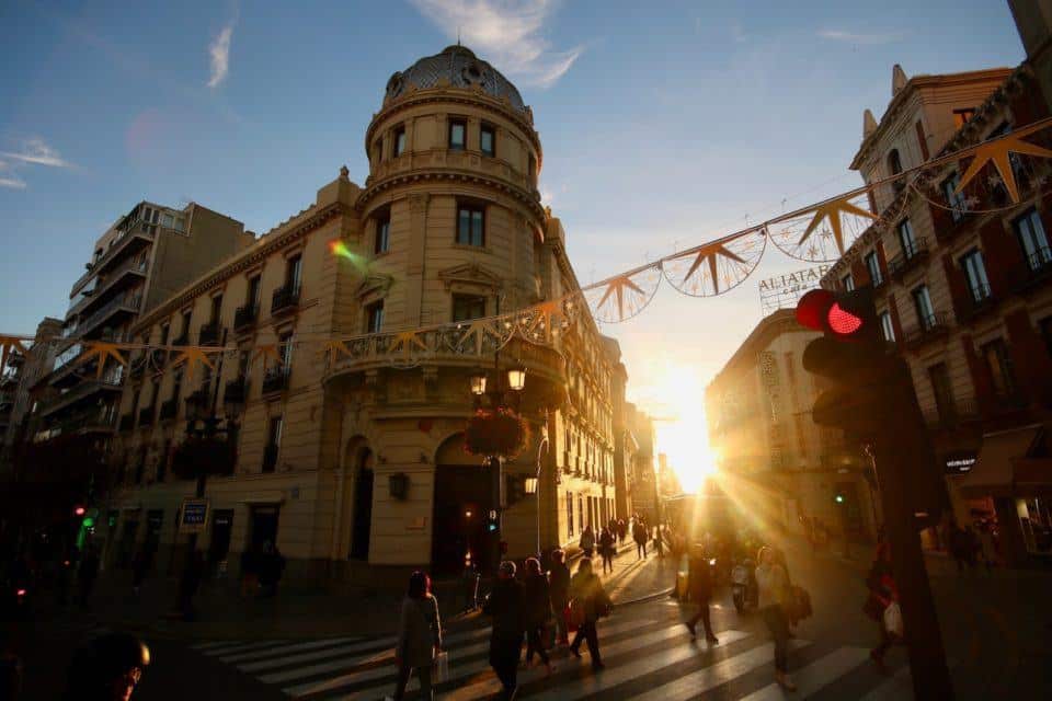 Spanish buildings with christmas garland