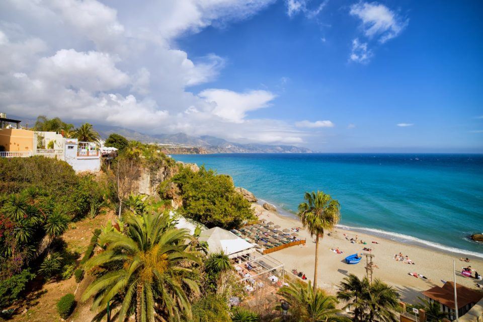 view of a beach with sun beds from above during day time