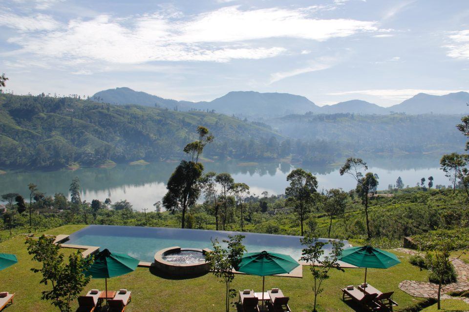 hotel overlooking lake and mountains