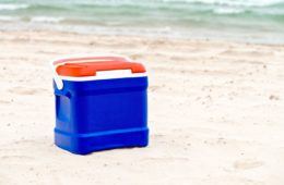 Blue hard sided cooler on the shore